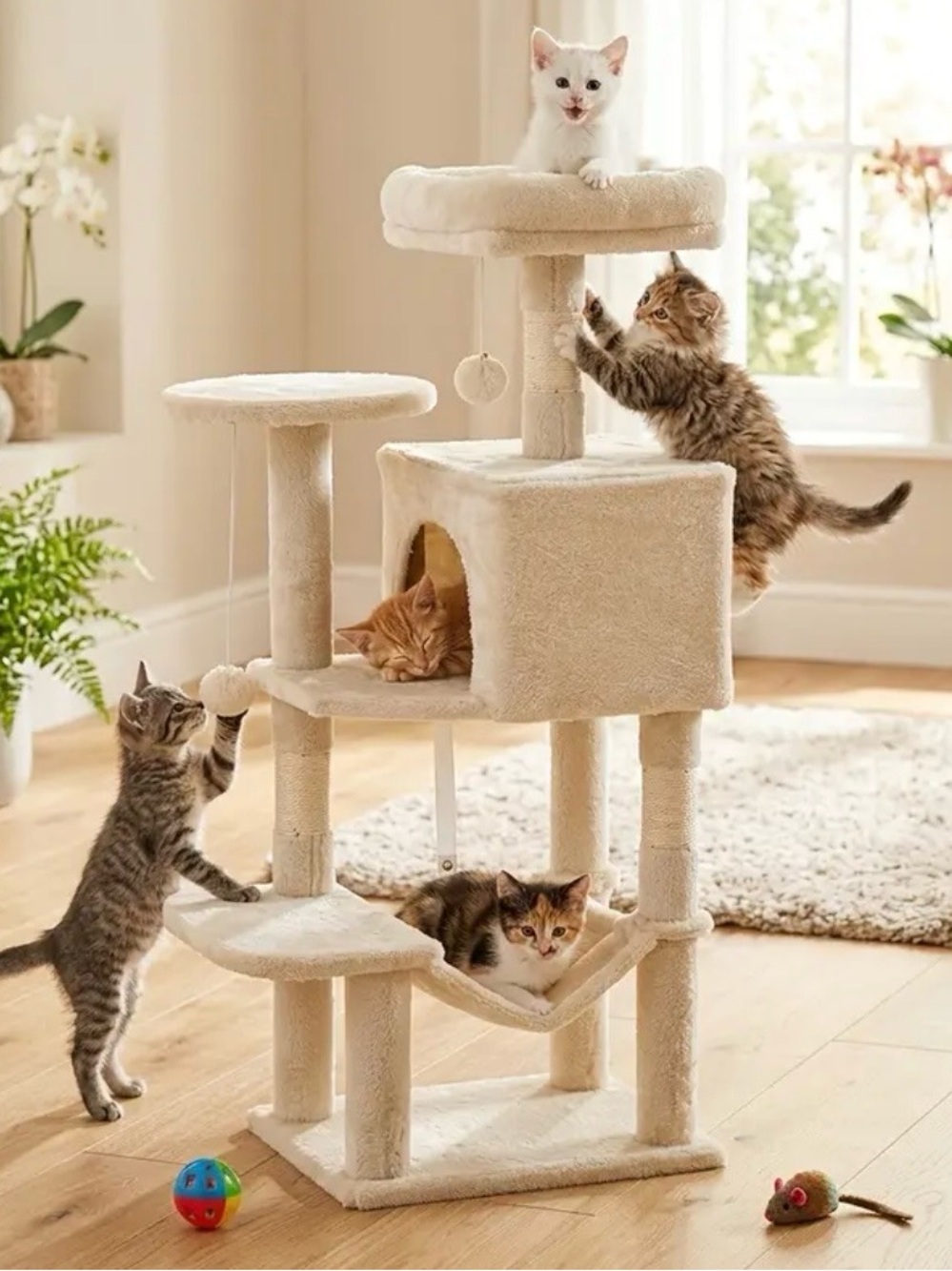 Brand New Plush Cream Cat Tree Tower with Perches & Condo